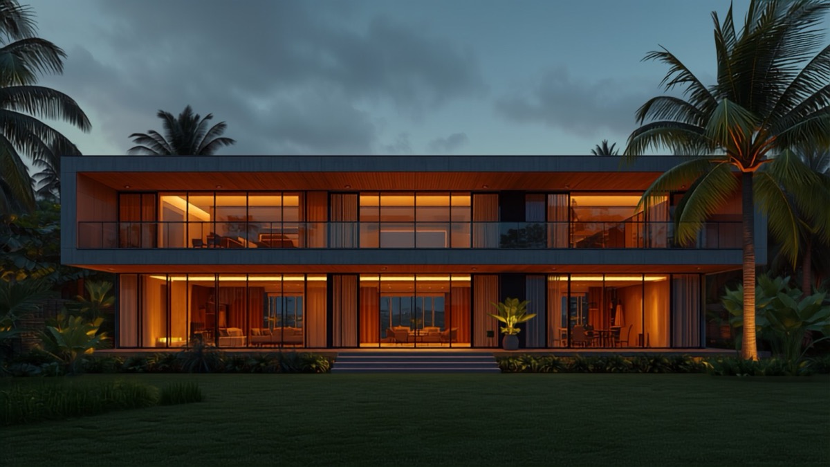 Casa moderna ao entardecer, com jardim e palmeiras
