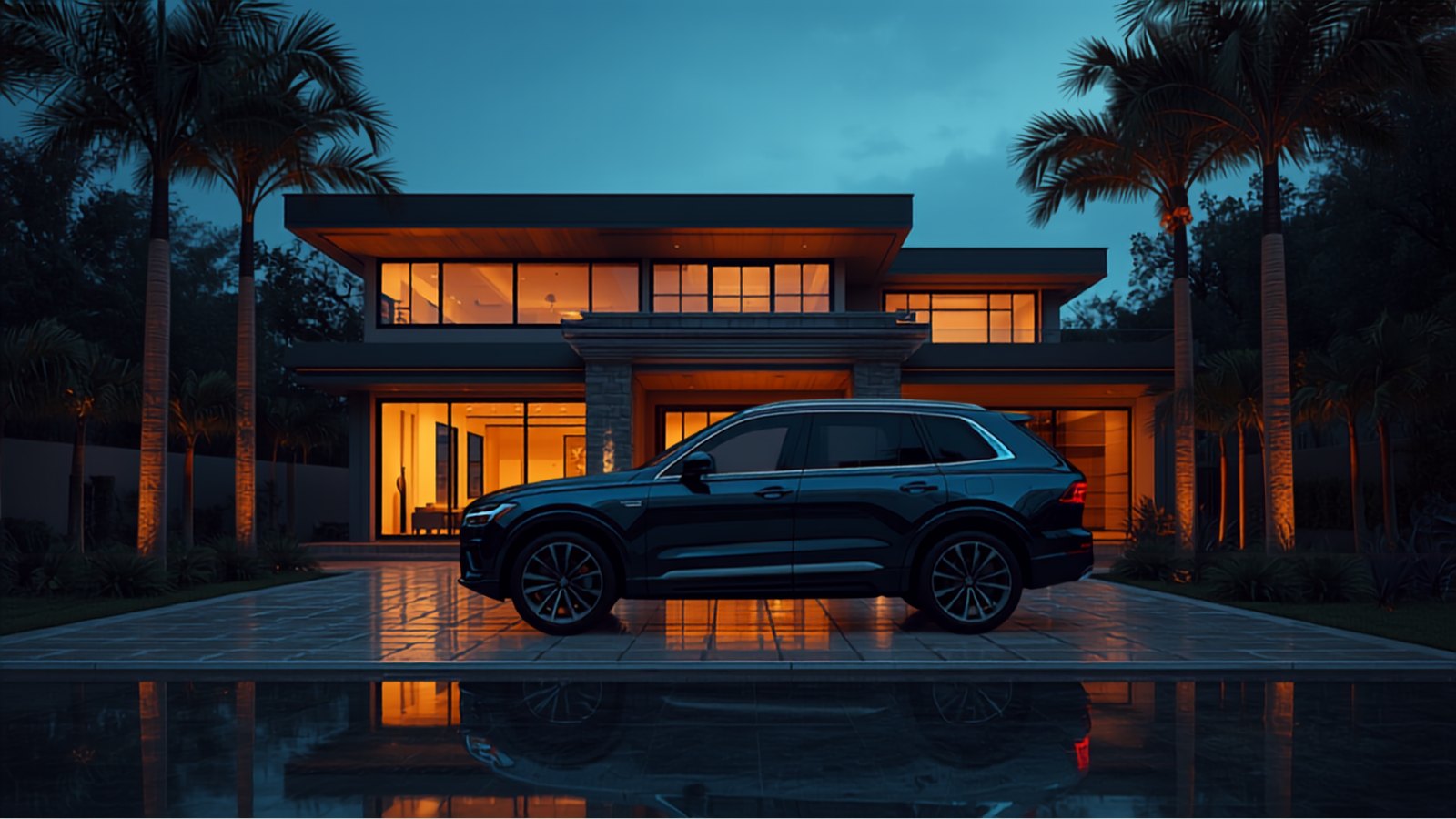 SUV estacionado na entrada de uma casa moderna ao entardecer