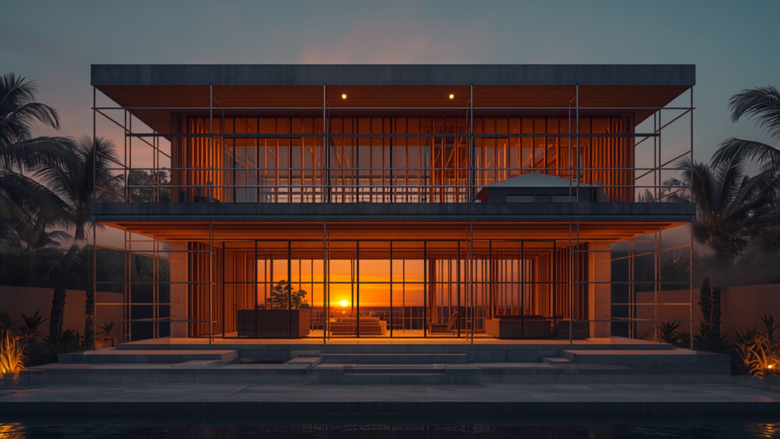 Casa de alto padrão em construção ao entardecer