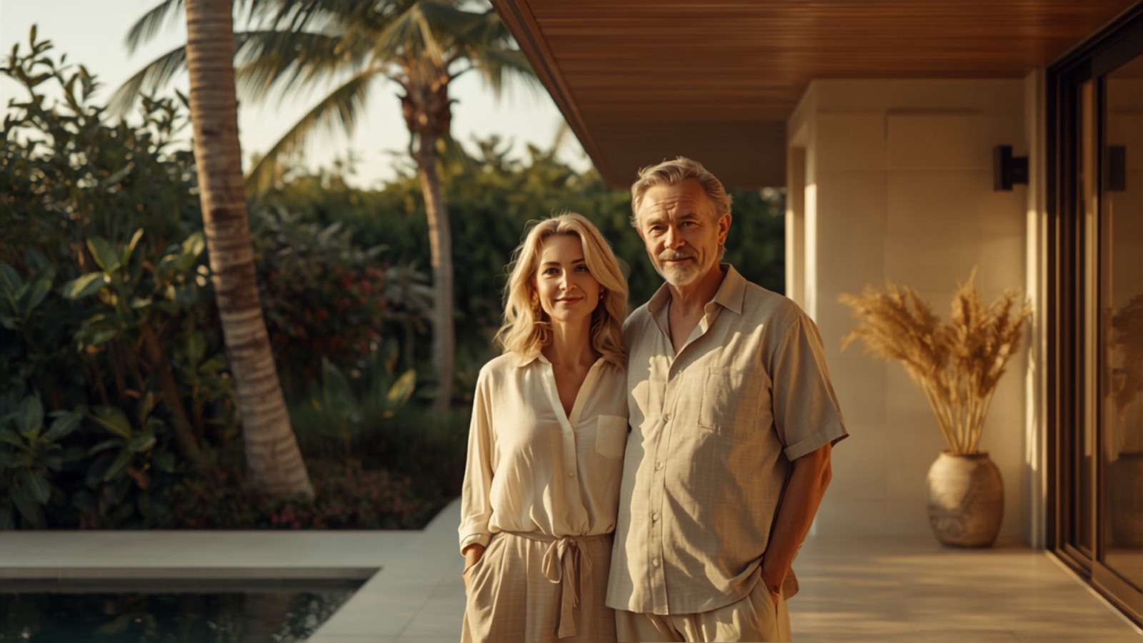 Casal na varanda de casa, com palmeiras ao fundo — Home Equity